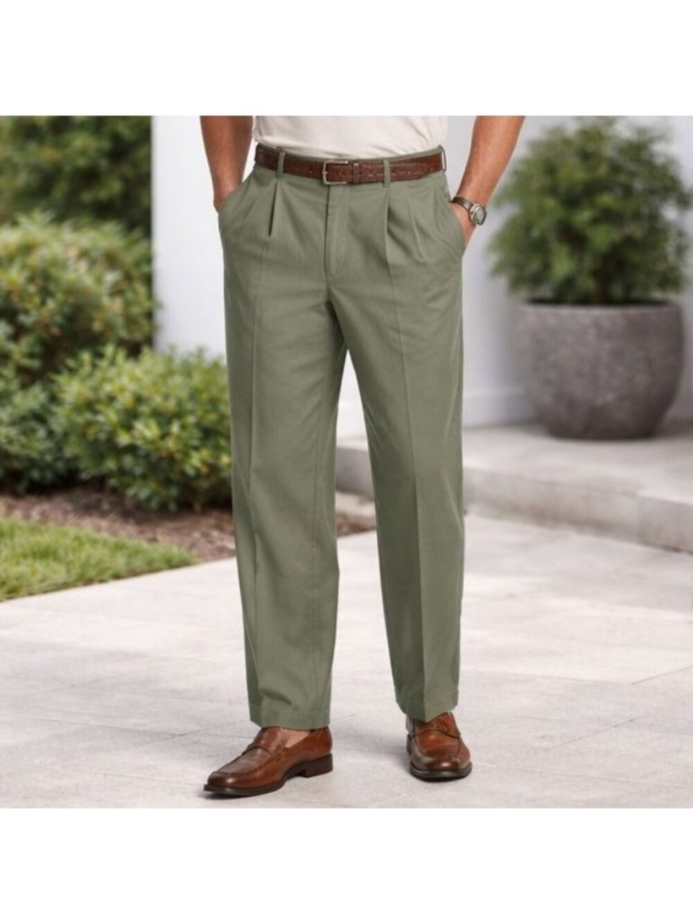 Roundtree & Yorke Pants Mens 36x30 Green Herringbone Pleated Straight Chino